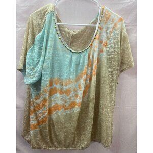 Heart of Palms Layered Women's Size 2x Tan Short Sleeve Beaded Collard T-Shirt